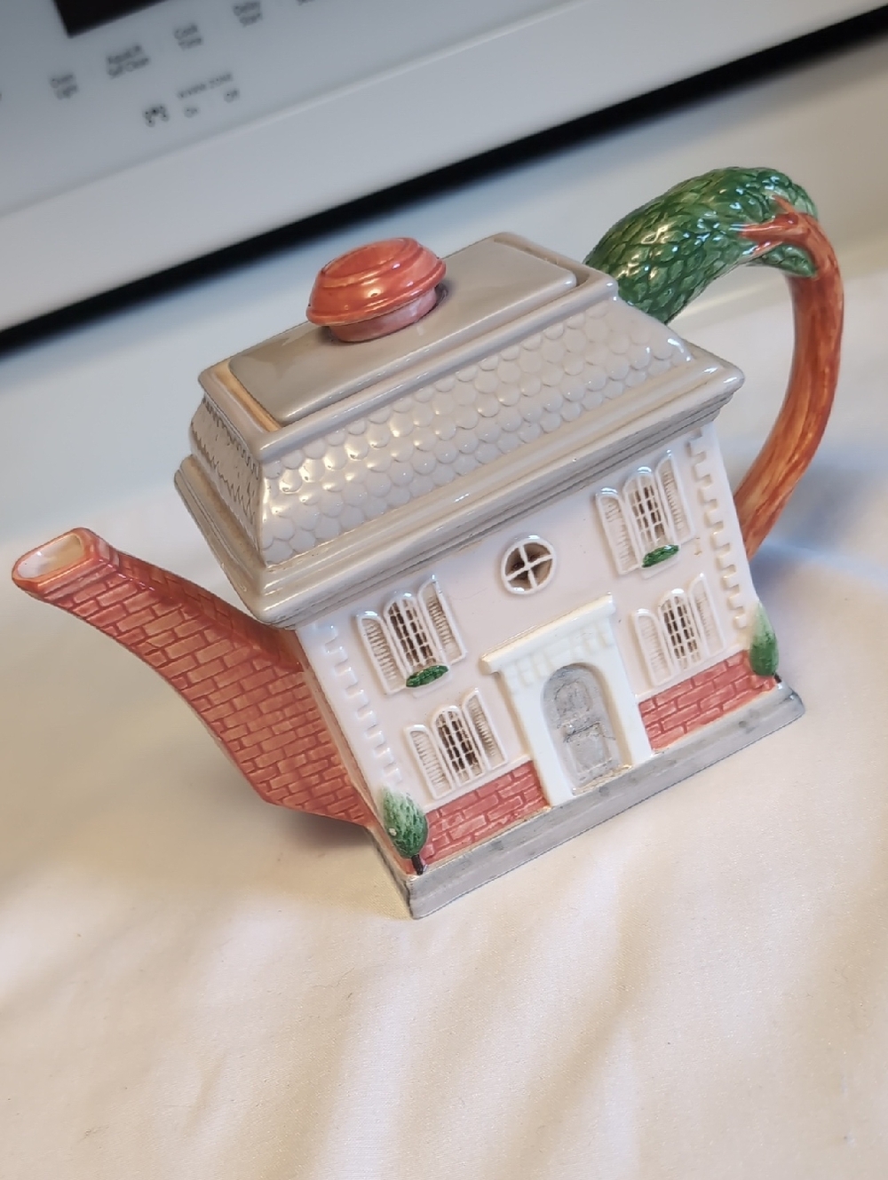 1986 Fitz and Floyd House Teapot in White, Gray, Brick Red and Green